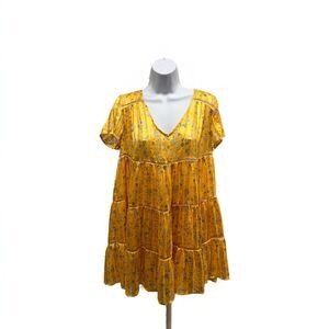 Urban Outfitters Pippa Babydoll Dress Women XS Yellow Floral Chiffon Tiered Mini